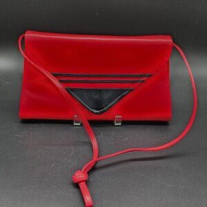 Vintage Red Faux Leather Clutch Bag Black Accents Strap Retro Chic Handbag 1980s